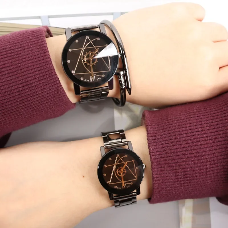 Модные корейские стильные часы со стальным ремешком для пар мужские с поворотным