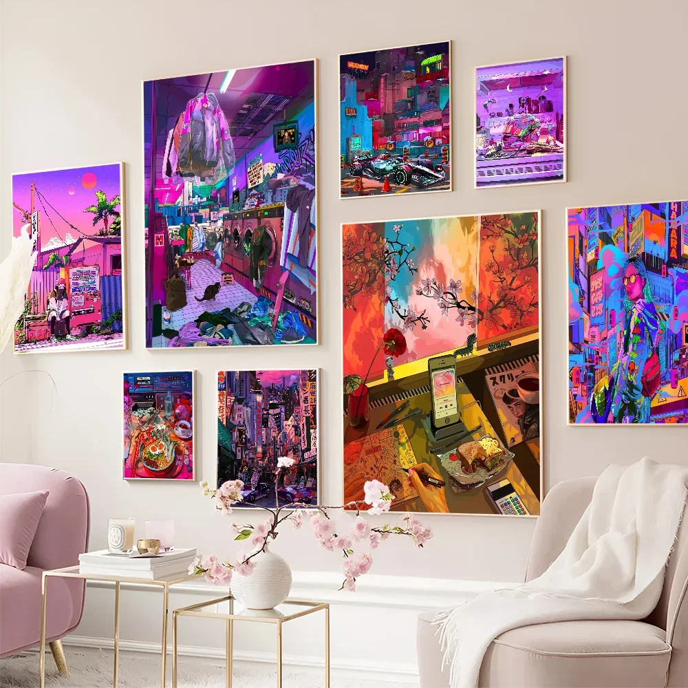 Ночная неоновая городская Уличная эстетика 80-х иллюстрация самоклеящиеся