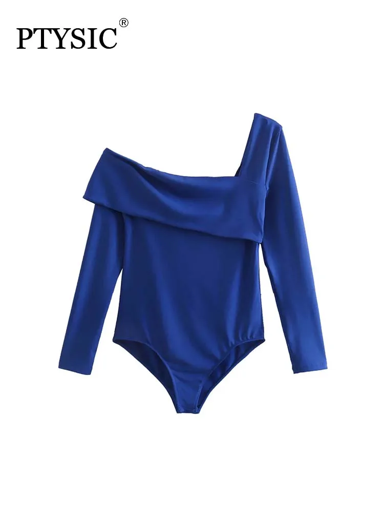 

PTYSIC Sexy Lady Solid Blue Hollow Asymmetrical Collor Playsuits 2022 Spring High Waist Skinny Club Streetwear Women Rompers