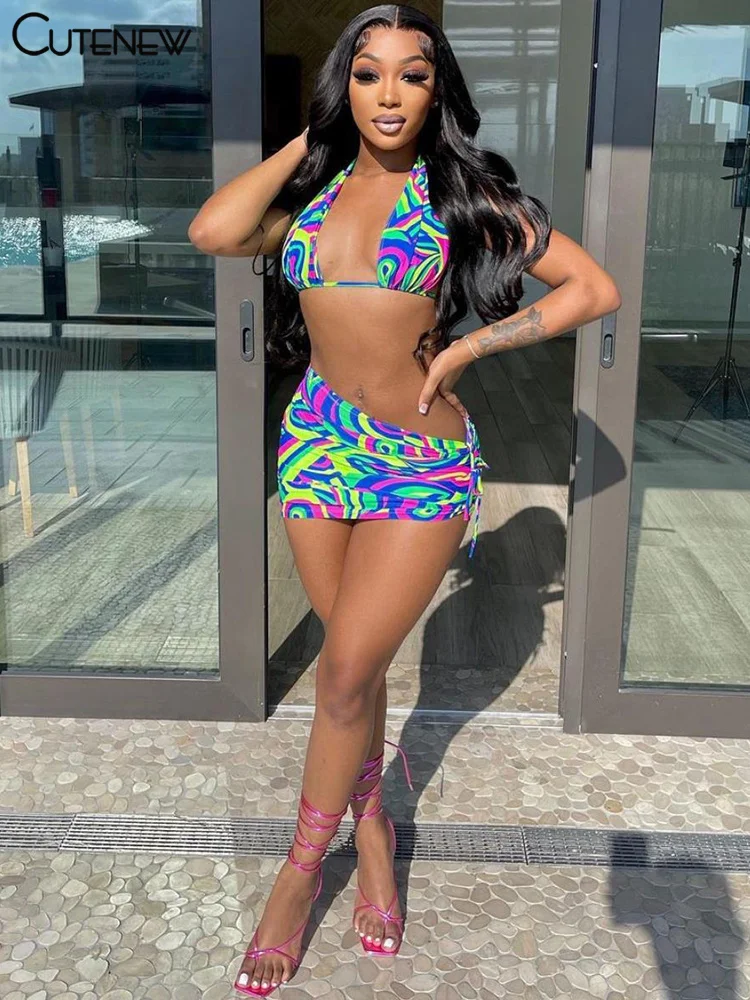 

Cutenew Aesthetic Print Bikini Two Piece Set Women Halter Bandage Crop Top+Asymmetrical Drawstring Skirt Matching Lady Beachwear