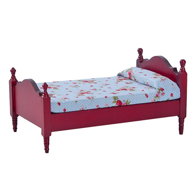 

Doll House Mini Furniture Bedroom Mini Scene Model Wooden Fabric Double Bed