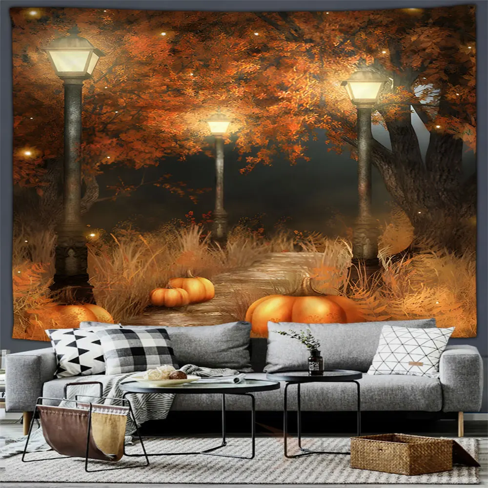 Осенний гобелен настенный подвесной в деревенском стиле оранжевая тыква