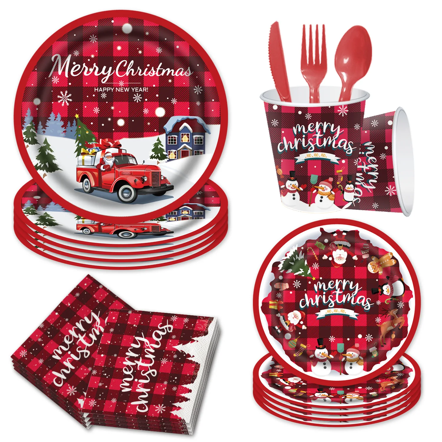 

Набор одноразовой посуды в рождественском стиле, праздничные украшения для обеденного стола, бумажные тарелки, чашка, десертная тарелка, салфетки, Рождественский Декор