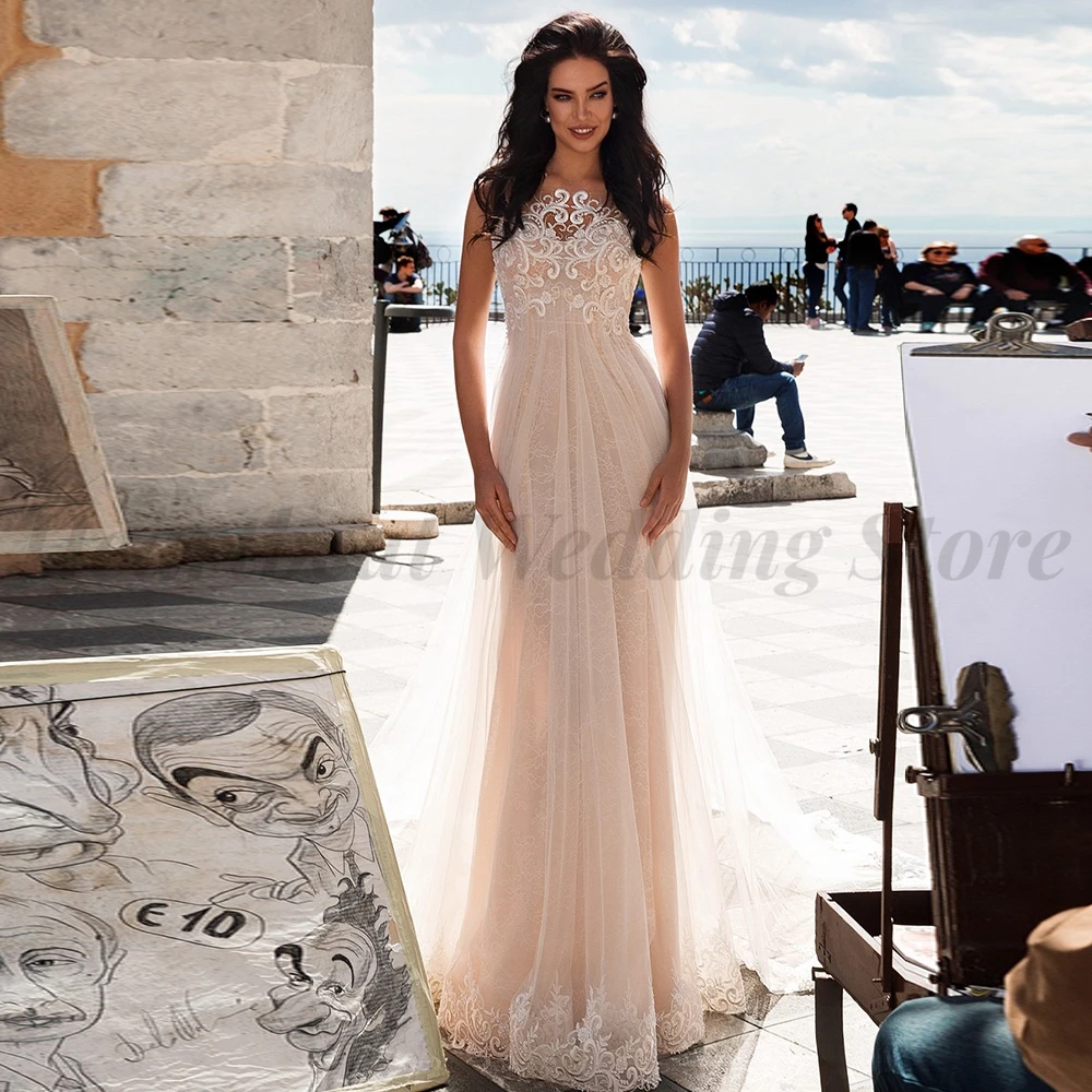 

Romantic A-Line Wedding Dresses 2023 Ladies Tulle Court Train Backless Boat Neck Spaghetti Straps Applique Sequins Beads Pearls