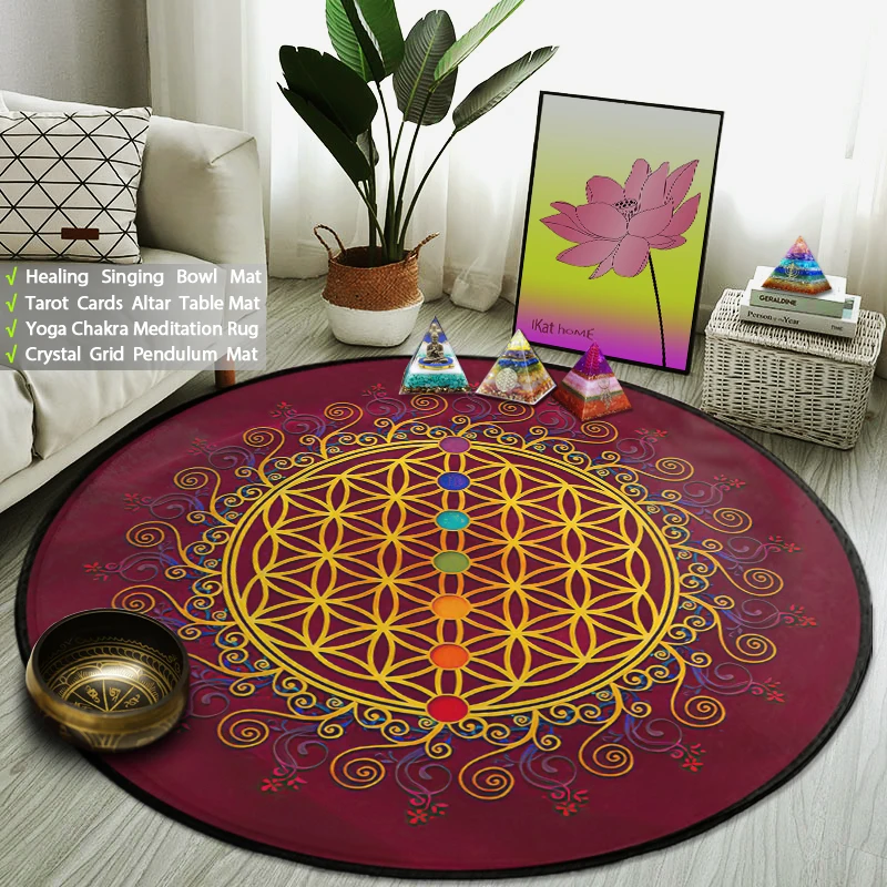 

Seven Chakras Flower of Life Round Rug Yoga Meditation Mat Thick Non-slip Galaxy Carpet Astrology Divination Oracle Card Pads