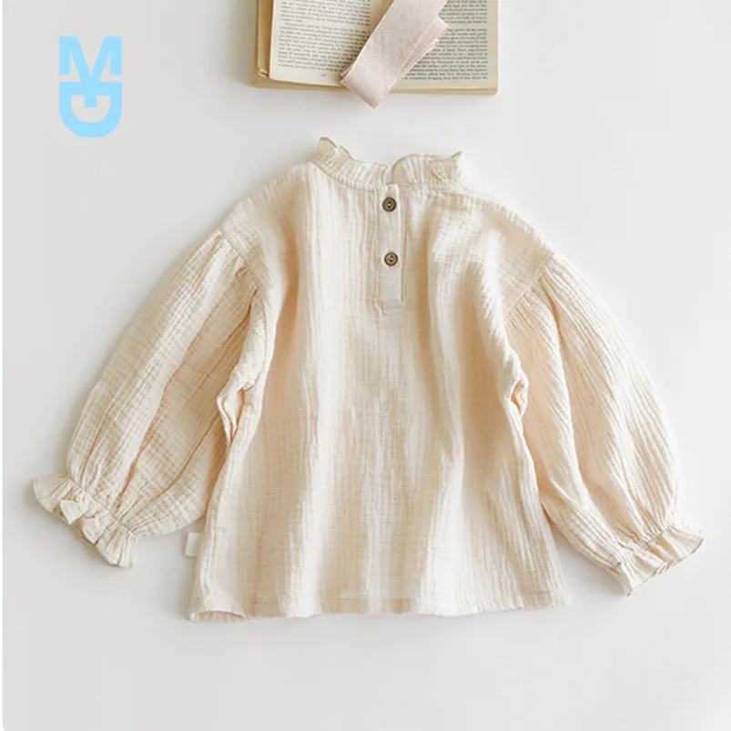

New 2022 Spring Fashion Japanese Style Baby Girls Shirt Solid Long Sleeve Gaze Cotton Tops Breathebale Kids Tees Hot Sale