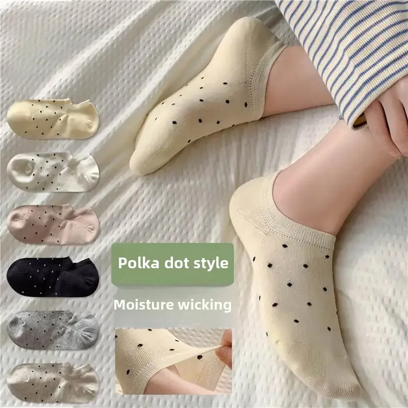 Women's Invisible Boat Socks Pure Cotton Summer Thin Style Cute Polka Dot Design Anti-Slip Anti-Odor Breathable Short
