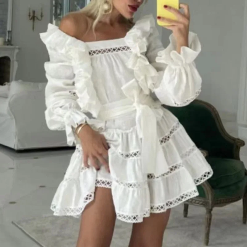 2022 Style Ladies Casual Solid Color Mini Dress Diagonal Neck Long Sleeves Cut High Waist Lace Up Patchwork Lace Dress For Women