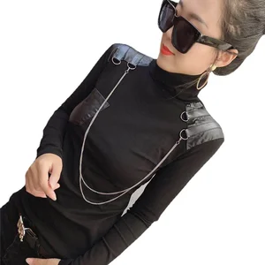 2019 зимняя Водолазка с длинным рукавом из искусственной кожи пэчворк хлопковые футболки женские европейские хлопковые пуловеры с цепочкой хлопковые топы