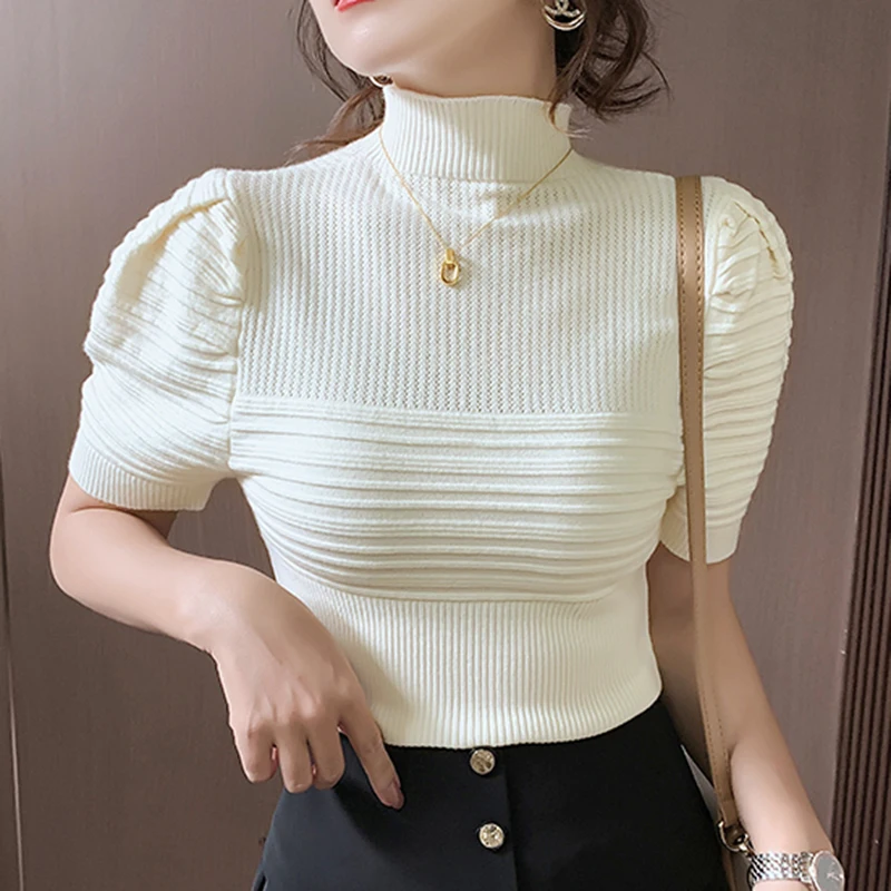 

Short Sleeve Knitted T Shirt Women 2023 Summe Solid Tshirt Female Turtleneck Slim Cropped Tops Mujer Pullover Tee Shirt Femme