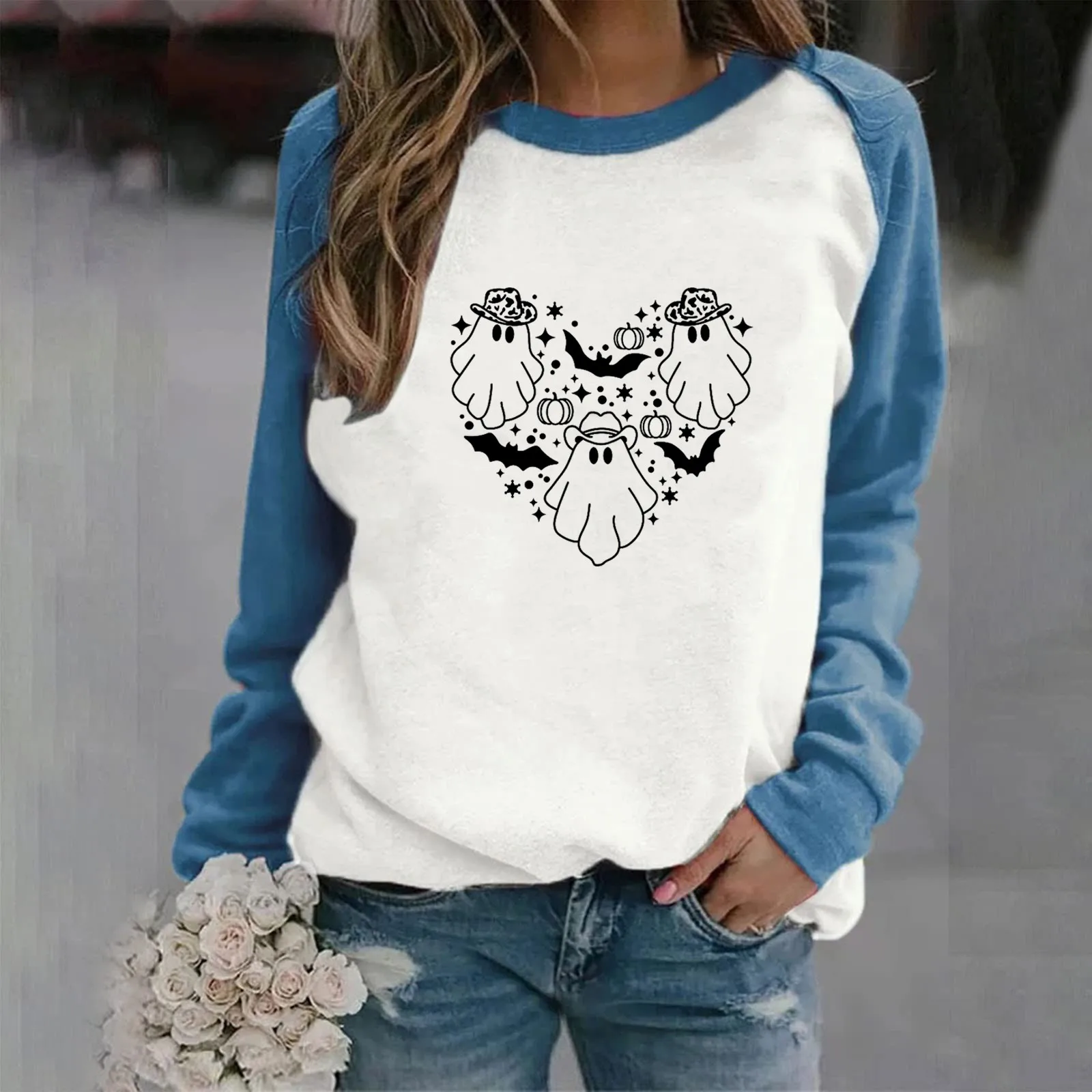 

Толстовки, спортивные штаны для женщин, женский пуловер с длинным рукавом и круглым вырезом, с принтом Love, на Хэллоуин, для бега, Осень-зима