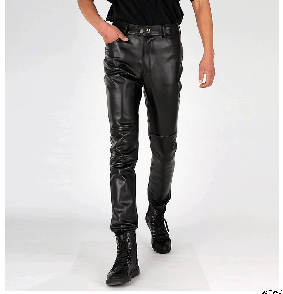

Hot 2022 New Spring Nightclub Men Leather pants Personality Korean Skinny Stitching Man Motorcycle Trousers 28-39