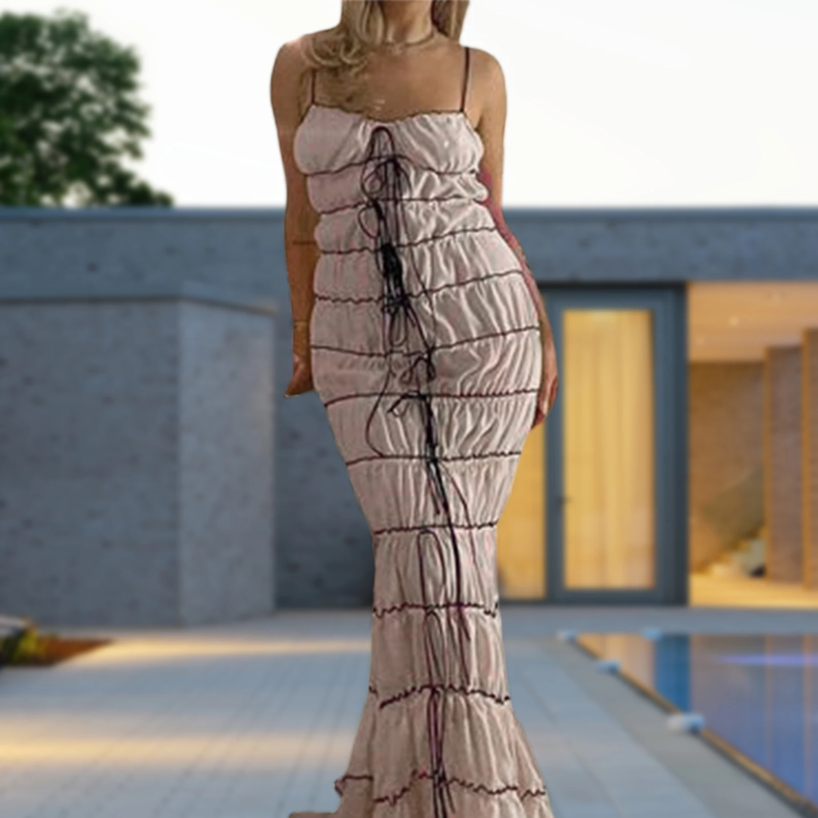 

Backless Women Sexy Summer Pleated Dress Sleeveless Ladies Bowknot Sling Dress Y2K Style Solid Color V Neck Beach Suit