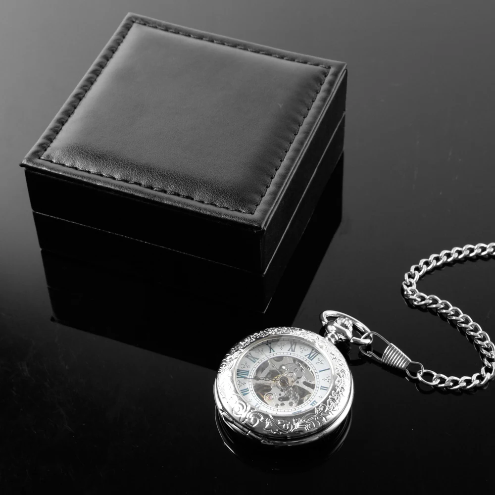Antique Silver Mechanical Pocket Watch Hand-winding Casual Retro Luxury Gift Box Set for Elderly Parents