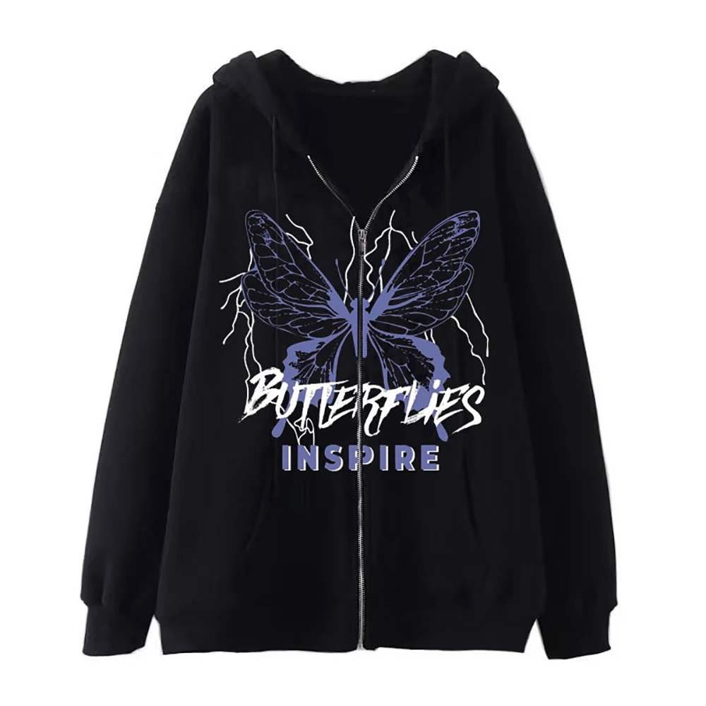 Dark Gothic Butterfly Print Hoodies Zipper Pocket Hooded Women Y2K Sweatshirts Hip Hop Streetwear Jacket Harajuku Casual Tops