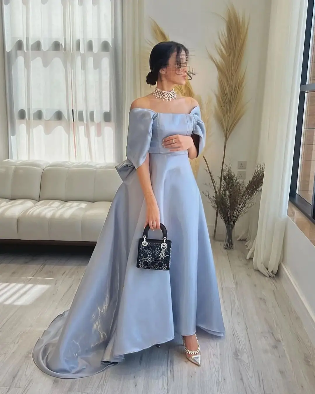 

A Line Floor Length Prom Dresses 2023 Vintage Blue Party Dress Women Formal Evening Gowns Occasion Event With Bow Back