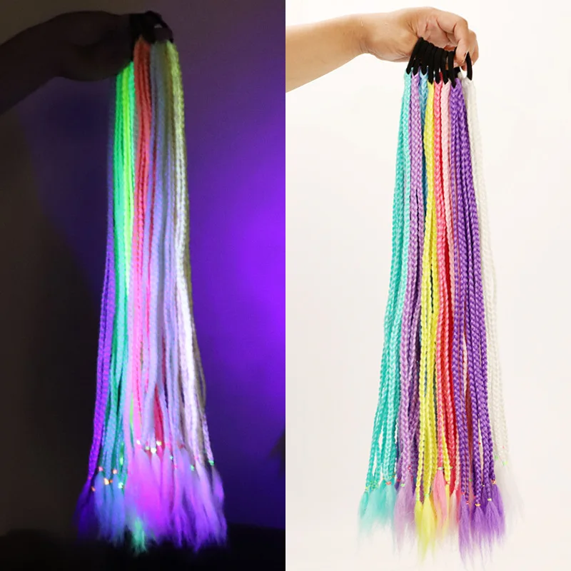 

10pcs Luminous Silk Dirty Braid Wig Fluorescent Color Hair Rope Ponytail for Girls Women Party Glow Birthday Wedding Carnival
