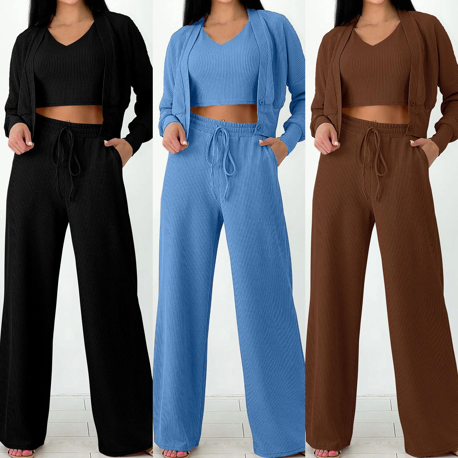 

Women Long Sleeve Tank Top Shirt & Trouser Suit Stylish Top & Vest & Straight Leg Pants Suit Casual Comfy Cozy Fall Track Suit