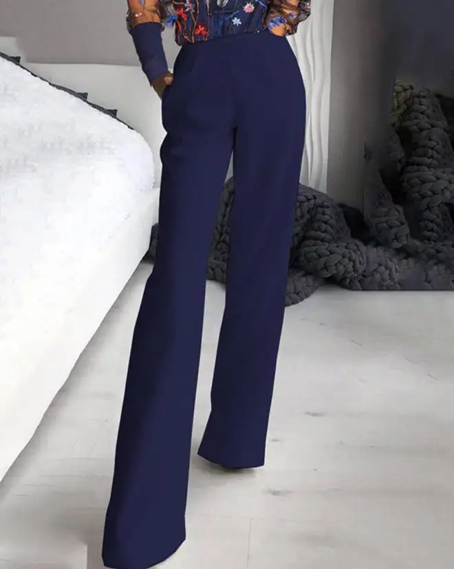 Office Lady Jumpsuit for Women Floral Pattern Mesh Patch Wide Leg Jumpsuit Casual Rompers Lady Clothing Fashion New