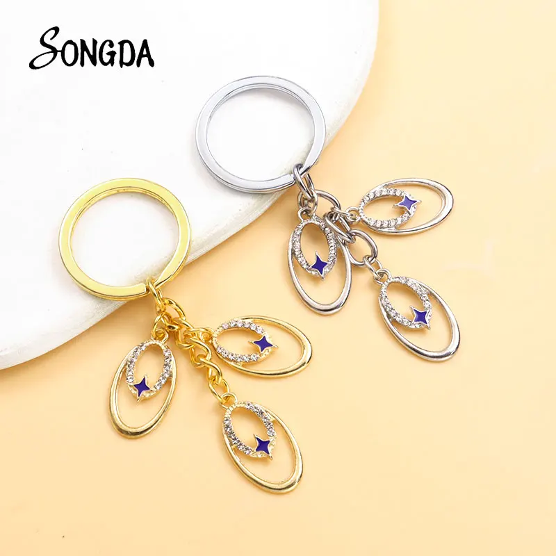 

Creative Crystal Enamel Starry Sky Blue Star Keychain Shinning Oval Drip Oil Alloy Pendant Keyring Women Bag Accessories Gift