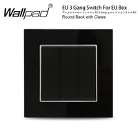 eu 3 gang on off light switch wallpad black glass 10a 110v 250v russia german push button 1 way round back with claws for eu box