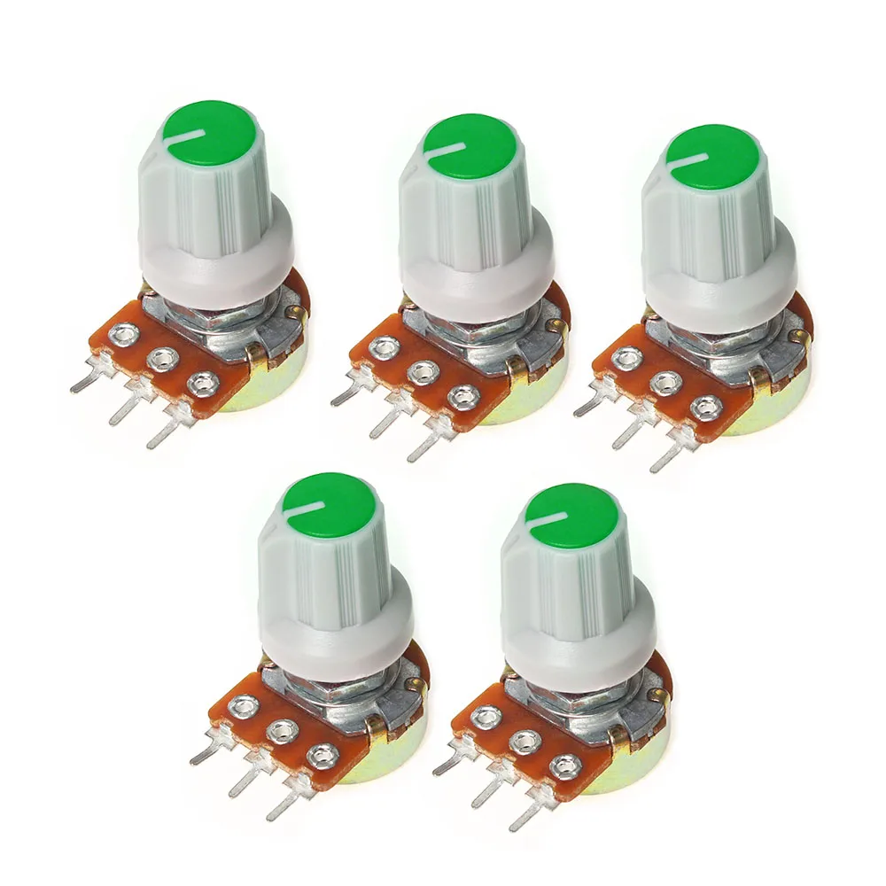 

5Set WH148 Linear Potentiometer 15mm 3pin 1K 2K 5K 10K 20K 50K 100K 250K 500K 1M with Green AG1 Knob Cap Potentiometers Kit