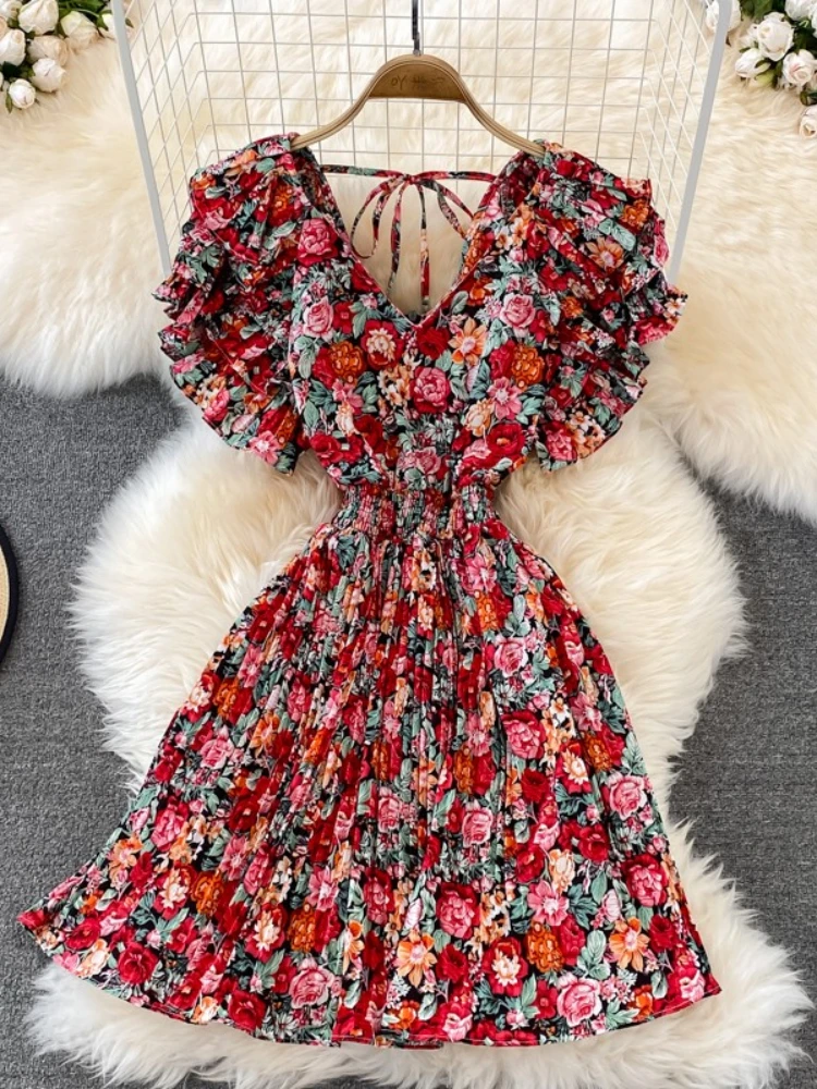 

Flora Dress Women Summer Butterfly Sleeve Bellflower Tea Break French V-neck Lotus Leaf Sleeve Pleated Dress Slim Waist Dresses
