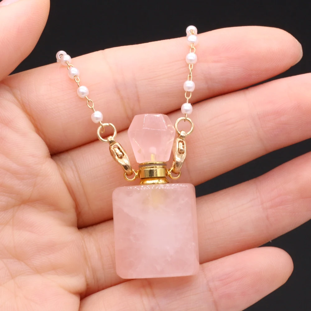 

2PCS Reiki Healing Natural Stone Rose Quartzs Perfume Bottle Pendant Necklace For Jewelry Accessories Charms Gift Party 80CM