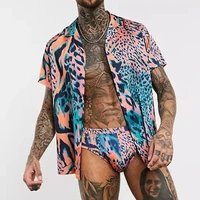 mens sets lapel collar print shirt two piece beach holiday pink leopard mens suit camisas ropa de hombres