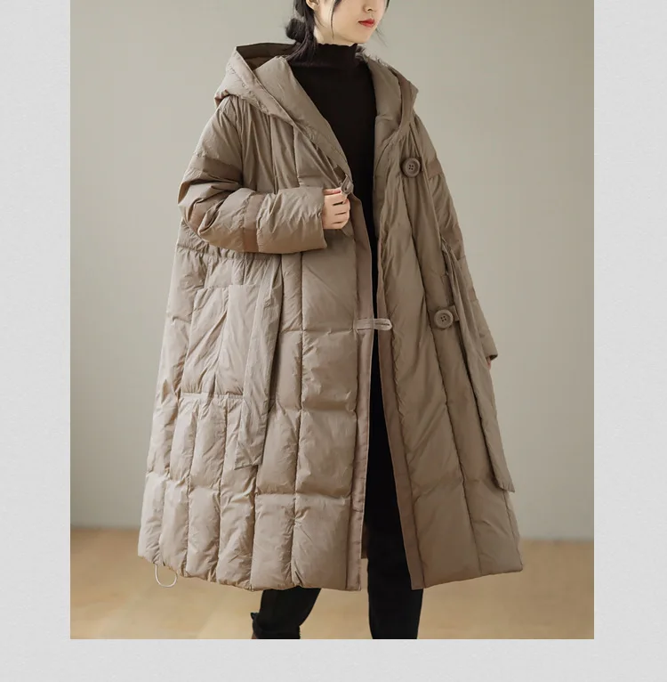 Winter New Down Jacket Solid Colour Two Buckle Lacing Jacket Long White Duck Down Loose Hooded Warm Thickened Cotton Jacket