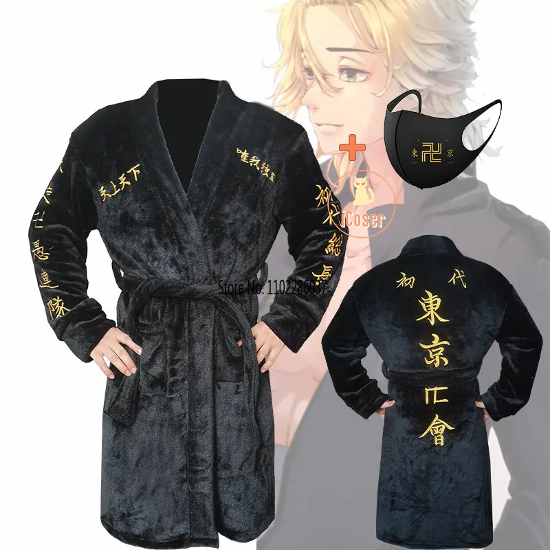 

Embroidery Tokyo Revengers Bathrobe Manjiro Sleepwear Sano Flannel Winter Robe Cloak Manji Leader Cape Tokyo Gang Black Pajamas