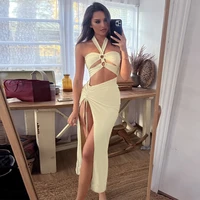summer 2022 solid color chest wrapped neck hung lace up ring connection hollow slit dress
