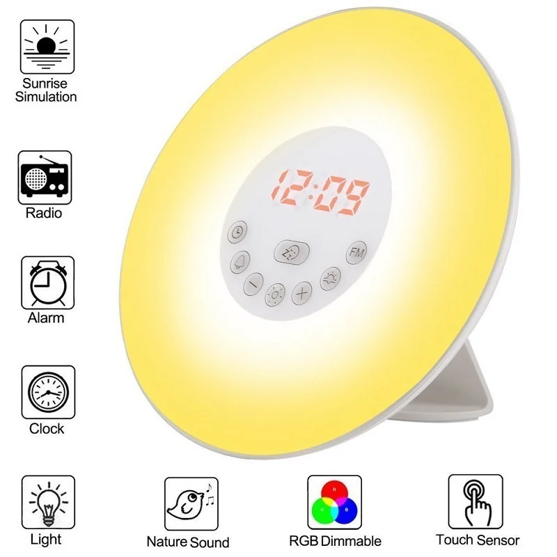 

Wake Up Light Alarm Clock Sunrise Daylight Clock Sleep Aid LED FM Radio LED Night Lamp Touch Sensor Digital Time Display Desktop