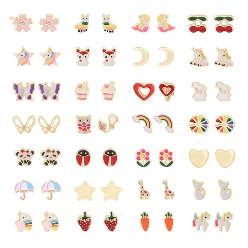 

28 Pairs Cute Animals Heart Flowers Fruit Earrings Clip-on Earrings Set Mixed Color Painless Non-perforated Earrings