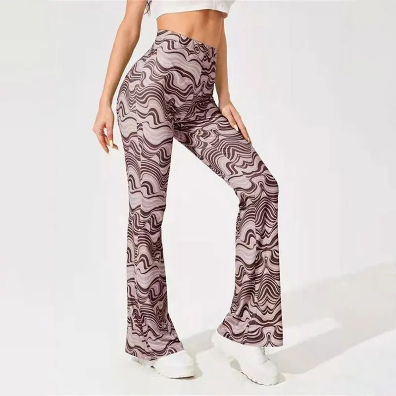 Women Yoga Flared Leggings Gym High Waist Flare Pants Plus Size Wave Printed Fitness Latin Dance Wide Leg Pants Training Trouser