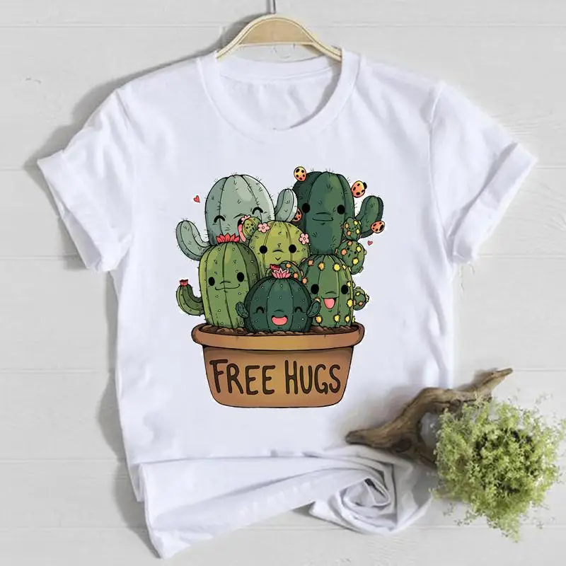

Short Sleeve Cactus Plant Lovely Style Casual Tee Top Shirt Lady Clothes Fashion Tshirt Summer Female T Women Graphic T-shirts