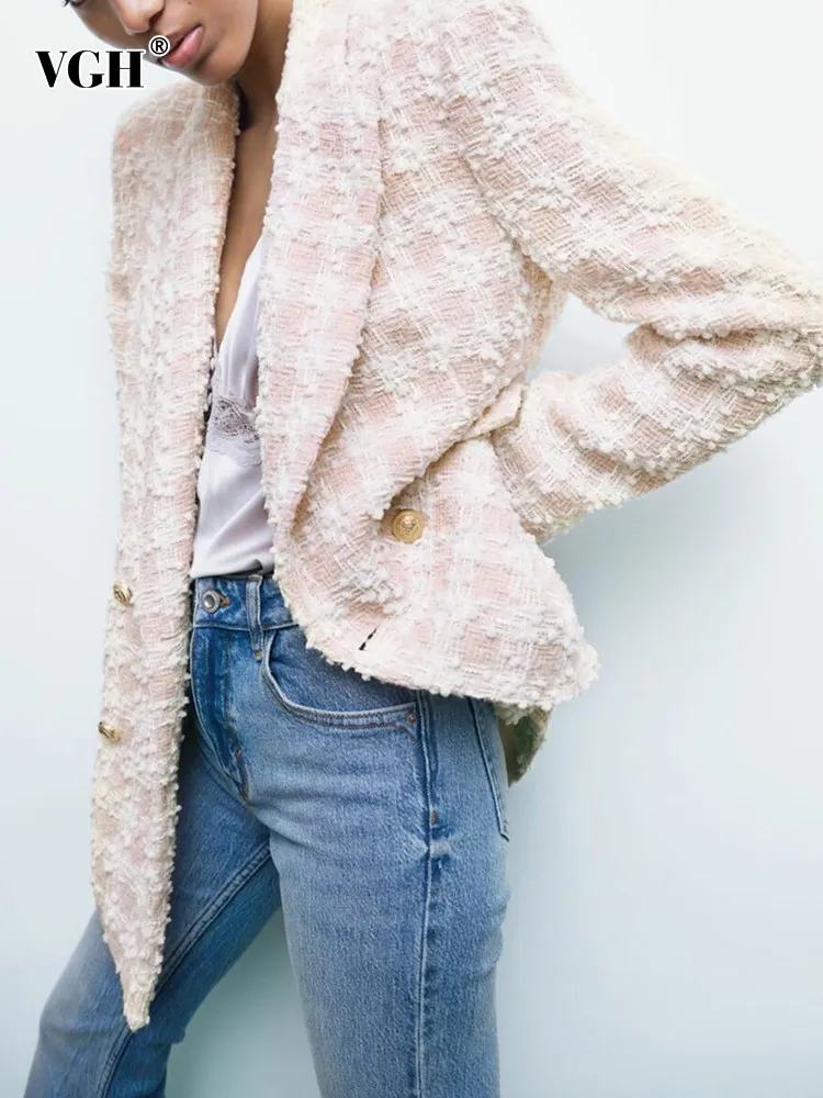 

VGH colorblock Plaid casual blazers for women notched collar long sleeve patchwork double breasted loose blazer female fashion