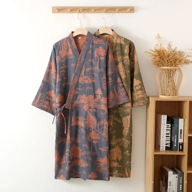 

Sleeve Loose Half Printed For Home Pure Gown Male Sleepwear Nightwear Men Soft Bathrobe Dressing Clothes Cotton Floral Wear