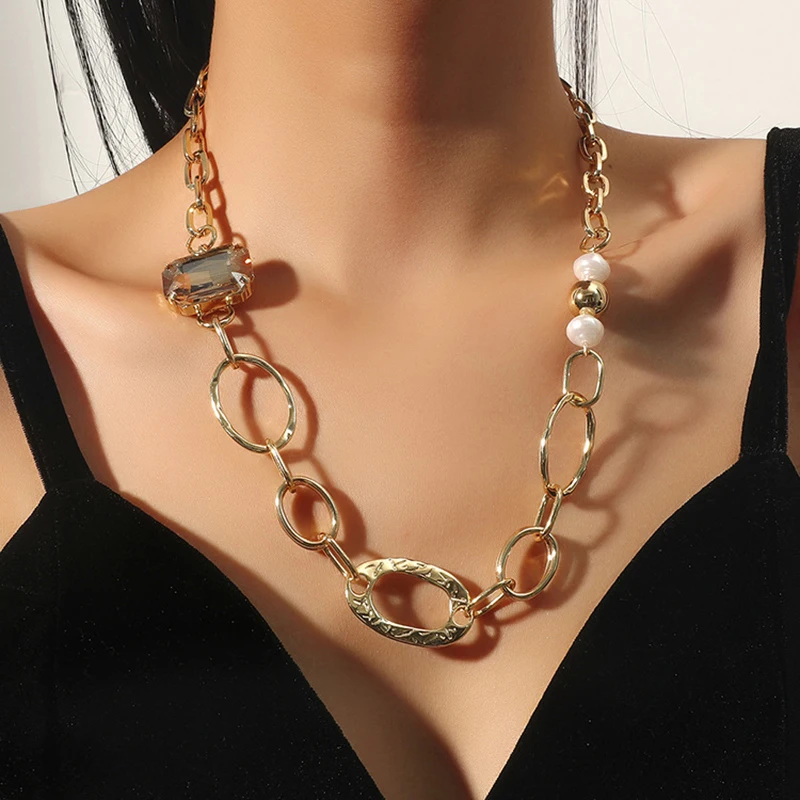 

Ingemark Punk Chunky Thick Chain Necklace for Women Men Vintage Rhinestone Imitation Pearl Egirl Grunge Jewelry 2022 Accessories