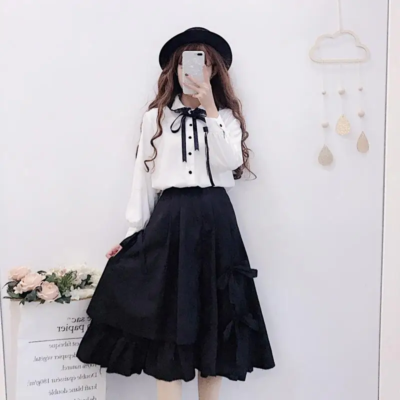 

Mori Girl Gothic Black Bow Tiered Skirt Women 2023 Preppy Style Japanese Harajuku Kawaii Skirts Cute Y2k Women Lolita Tutu Skirt