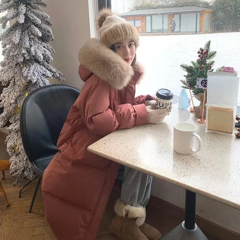 White Duck Down Jacket Women's Winter New Big Real Fur Hooded Middle And Long Korean Over Knee Fashion Elegant Horn Solid Parker