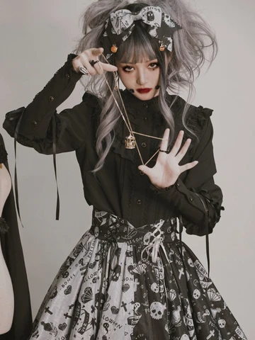 KOSAHIKI Gothic Y2k Shirts Women Vintage Lolita Style Gigot Sleeve Blouses Girls JK Sweet Lace Ruffles Bandage Tops Blusas Mujer