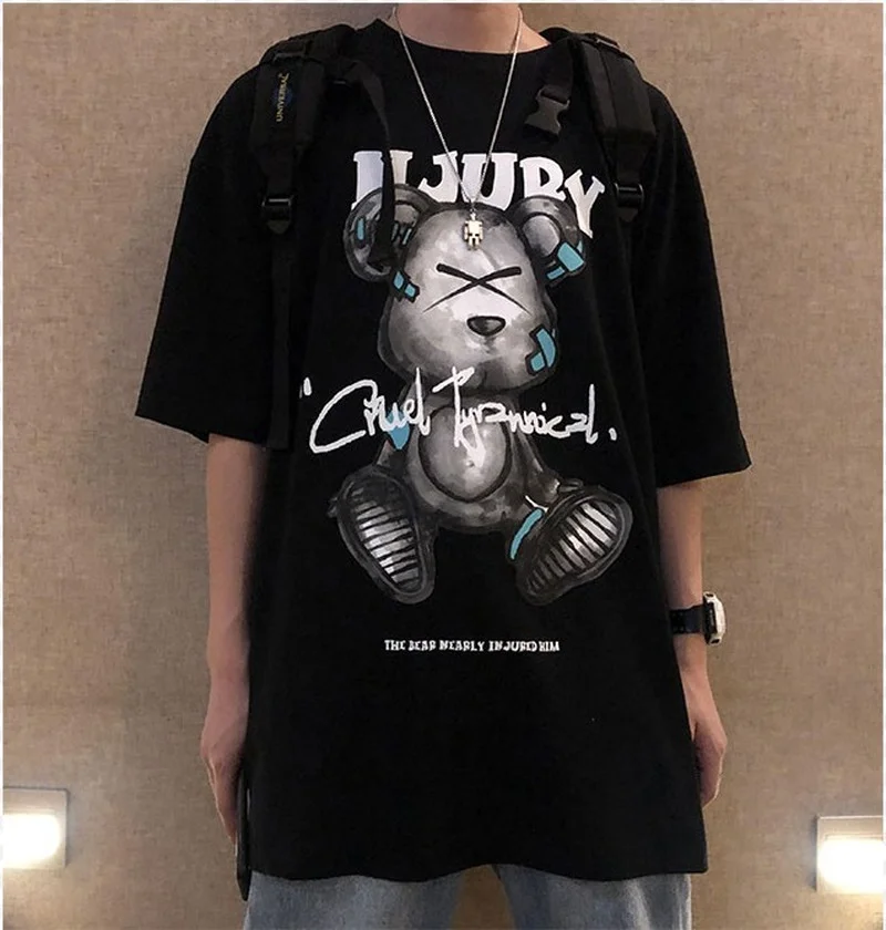 

Gothic Punk Streetwear Anime Bear Printed T Shirt Men Short Sleeve Top Cute Cartoon Loose Oversized Tshirt Harajuku Tee Shirt