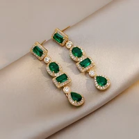 new green geometric zirconia crystal long dangle drop earrings for women fashion white oval cz stone party female jewelry gift