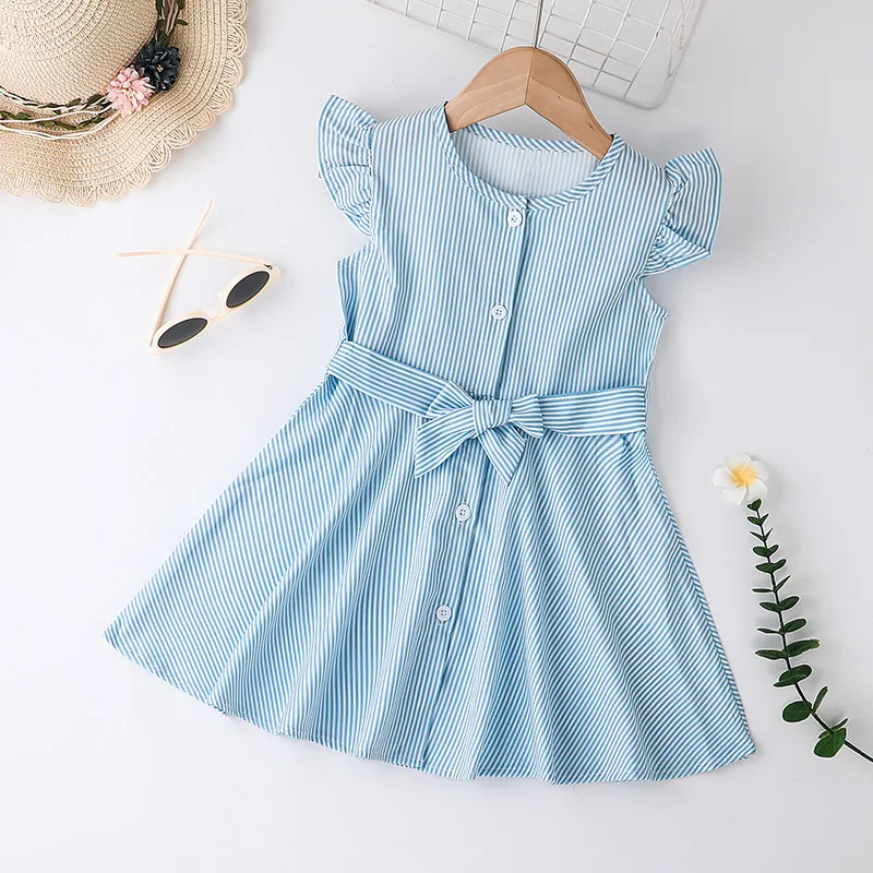 

2023 Summer Arrival Girls Sleeveless Striped Sashes Blue Dress Roupa Infantil Menina Cute Cheongsam Dress Custume 18M-7T