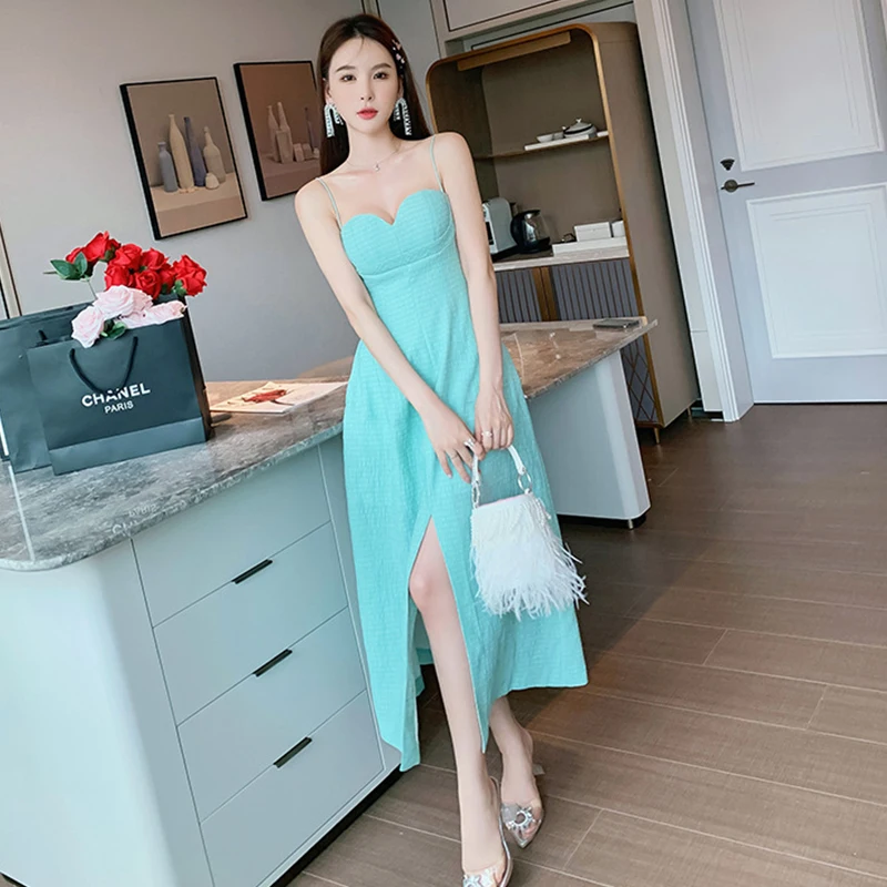 

M GIRLS Korean Vintage Sexy Strap Sleeveless Midi Party Dress Ladies Elegant Robe Coffee Break Casual Folds Split Beach