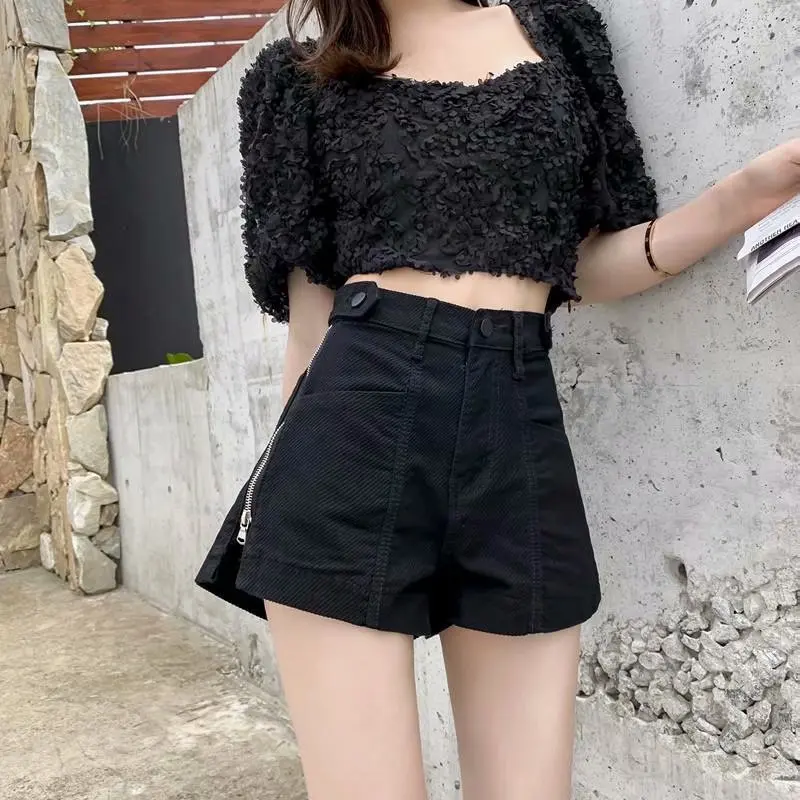 Summer Chic Side Zipper Shorts Women Slim Jeans Loose High Waist Short Streetwear Denim Wide Leg Pants Fashion Womens Clothing