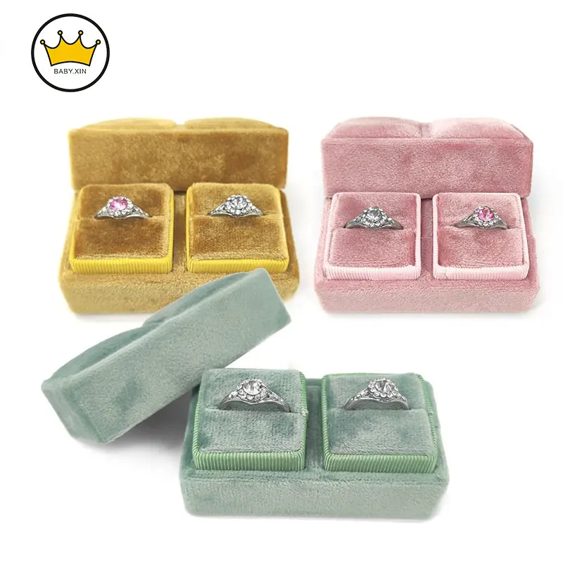 

Luxury Wedding Ring Box Velvet Double Ring Box Jewelry Ring Earring Holder Case Packaging Marriage Storage Earring Display