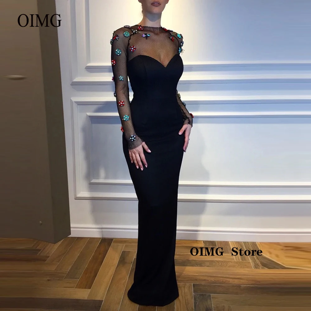 

OIMG Modest Black Mermaid Stretch Women Evening Dresses Long Sleeves O-Neck Crystal Floor Length Mother Formal Event Prom Gowns