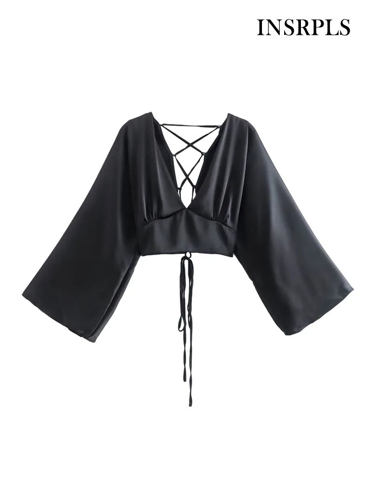 

INSRPLS Women Fashion With Tied Satin Cropped Blouses Vintage Wide Long Sleeves Back Cross Straps Female Shirts Chic Tops